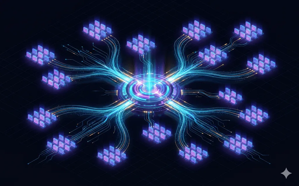 Abstract visual: several tenant fleets linked to one central hub